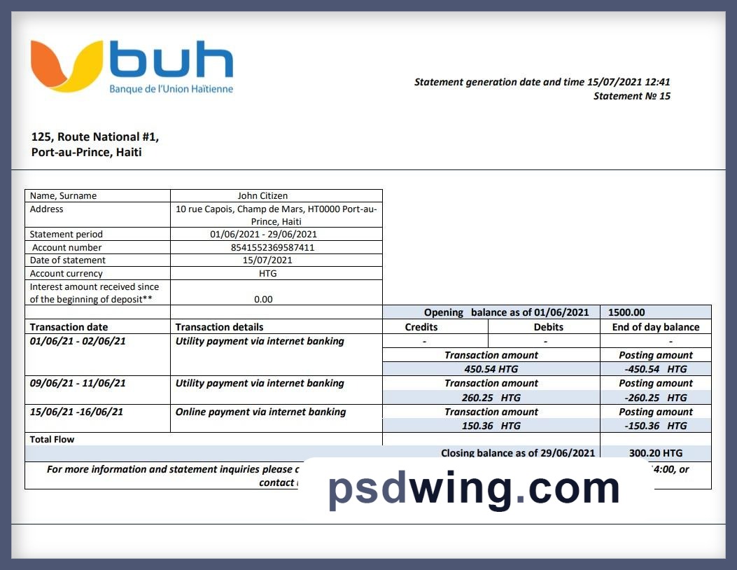 Haiti BUH Bank Statement (Word)